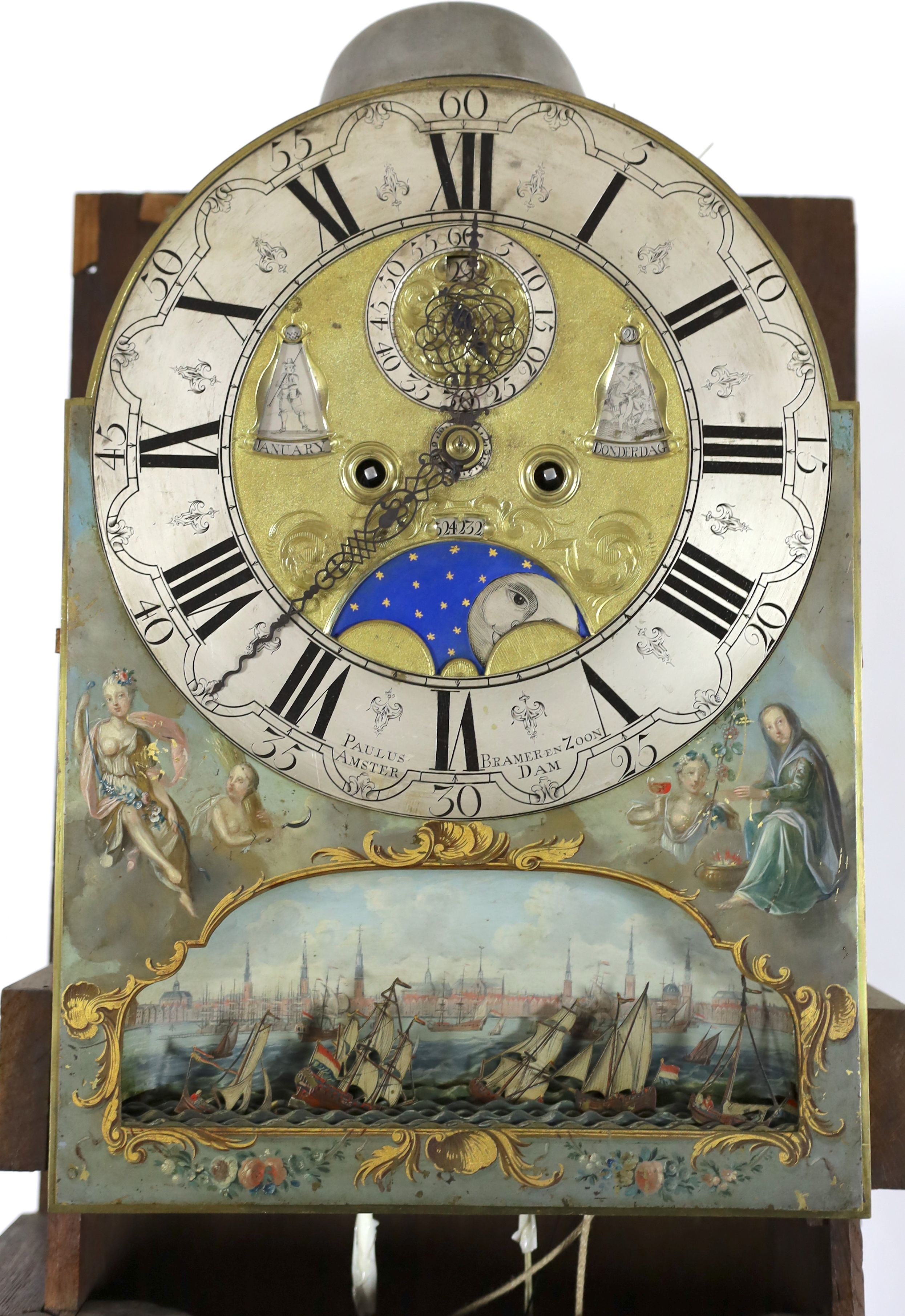 Paulus Bramer En Zoon of Amsterdam. An 18th century Dutch walnut repeating 8-day alarum longcase clock H.275cm. W. 68cm.